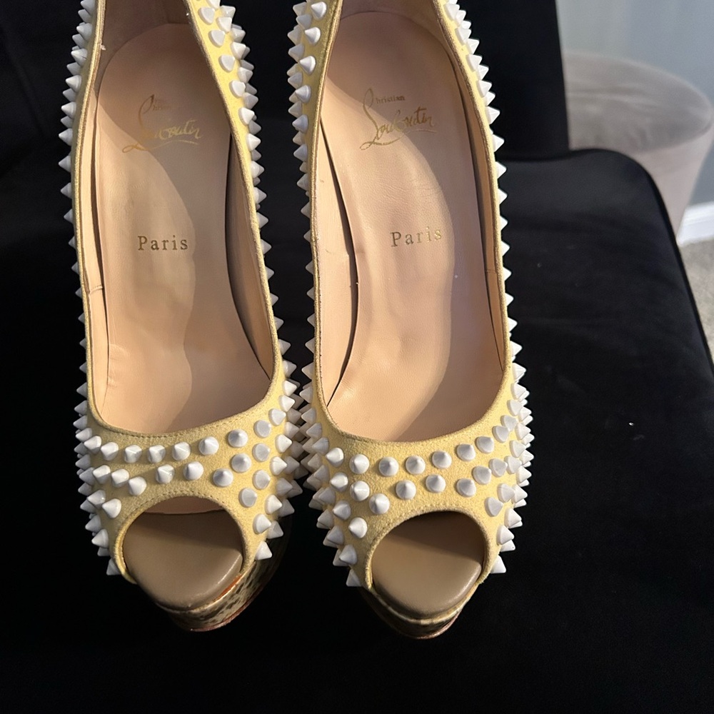 Christian Louboutin Yellow Spiked Peep-Toe Heels